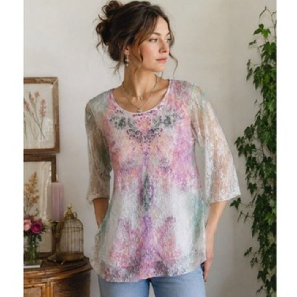Brittany Black Y2K Pastel Lace Overlay Tunic Top Petite L Beaded Fairycore Boho